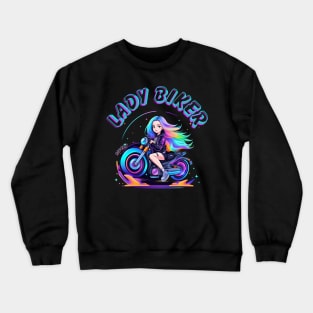 Lady biker with neon colorful Crewneck Sweatshirt